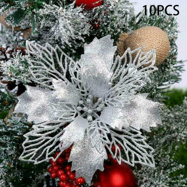 10X Christmas Poinsettia Glitter Flower Tree Hanging Xmas Party Tree Decoration 